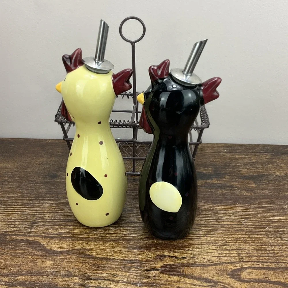 Bonne Lynn Chicken Rooster Figural Oil Vinegar Cruet Set With Basket Holder